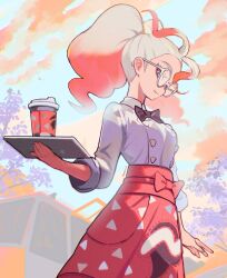  1girl apron black_bow black_bowtie blue_eyes bow bowtie closed_mouth clouds collared_shirt commentary_request cup disposable_coffee_cup disposable_cup eudetenis glasses griselle_(pokemon) highres holding holding_tray multicolored_hair outdoors pokemon pokemon_legends:_z-a print_apron shirt sky smile solo tray triangle_print two-tone_hair waist_apron 
