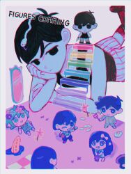  1boy absurdres aubrey_(headspace)_(omori) aubrey_(omori) basil_(headspace)_(omori) basil_(omori) black_eyes black_hair black_tank_top character_figure chromatic_aberration closed_mouth double-parted_bangs figure hair_between_eyes hero_(headspace)_(omori) hero_(omori) highres kel_(headspace)_(omori) kel_(omori) male_focus mari_(headspace)_(omori) mari_(omori) milkymilkyshark mirror omori omori_(omori) short_hair shorts snake_(omori) solo stairs striped_clothes striped_shorts tank_top tentacles typo vertical-striped_clothes vertical-striped_shorts white_shorts 