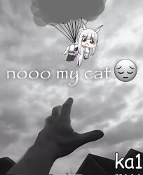  1girl 1other animal_ears arknights balloon besekberkah black_thighhighs clouds cloudy_sky commentary corrupted_twitter_file day emoji english_text floating highres horse_ears horse_girl horse_tail image_macro_(meme) long_hair looking_at_viewer meme monochrome outdoors overcast papyrus_(font) platinum_(arknights) pleading_eyes pleading_face_emoji reaching shirt shorts sky spanish_commentary speakiposting_(meme) spot_color tail tearing_up thigh-highs white_hair white_shirt white_shorts 