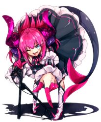 1girl bent_over blue_eyes circle_skirt curled_horns dragon_girl dragon_horns dragon_tail elizabeth_bathory_(fate) elizabeth_bathory_(fate/extra) fate/extra fate/extra_ccc fate/grand_order fate_(series) finger_cots full_body highres holding holding_microphone horns looking_at_viewer microphone open_mouth pink_hair pointing pointing_at_viewer ponita simple_background solo spiked_boots standing tail white_background 