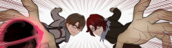  2boys absurdres black-framed_eyewear black_scarf character_request coat glasses grey_coat grey_jacket grey_scarf highres honkai:_star_rail honkai_(series) honkai_impact_3rd incoming_attack incoming_punch jacket meme multiple_boys ninai punching red_hair scarf tied_jacket welt_yang yellow_eyes 