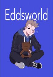  1boy adapted_costume animification bad_id bad_twitter_id black_jacket black_pants blue_background blue_hoodie bonudun brown_hair checkered_shoes commentary_request copyright_name drawstring eddsworld film_grain full_body hand_on_own_cheek hand_on_own_face head_rest highres holding holding_stuffed_toy hollow_eyes hood hood_down hoodie indian_style jacket long_sleeves looking_at_viewer male_focus open_clothes open_jacket pants short_hair signature simple_background sitting solo spiky_hair stuffed_animal stuffed_toy teddy_bear tom_(eddsworld) tomee_bear_(eddsworld) 
