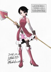  1girl :d black_eyes black_hair boots dated detached_sleeves dress fuura_kafuka hair_ornament hairclip highres kakiko_orogi mahou_shoujo_madoka_magica mahou_shoujo_madoka_magica_(anime) nonaka_ai polearm red_boots red_dress sakura_kyoko sakura_kyoko_(magical_girl) sayonara_zetsubou_sensei short_hair simple_background smile soul_gem spear twitter_username voice_actor_connection weapon white_background 