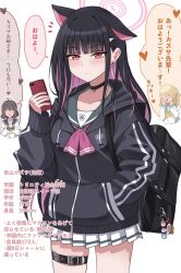  3girls alternate_hair_length_(longer) animal_ears bag bag_charm belt black_bag black_belt black_choker black_hair black_hoodie blonde_hair blue_archive blue_sailor_collar blunt_bangs blush bow bowtie braid brown_hair cat_choker cat_ears cat_girl cellphone character_profile charm_(object) choker colored_inner_hair commentary_request cowboy_shot crown_braid earclip earrings green_sailor_collar hair_ornament hairclip half_updo halo hand_in_pocket heart highres holding holding_phone hood hood_down hoodie jewelry kazusa_(blue_archive) long_sleeves looking_at_viewer multicolored_hair multiple_girls no_eyes onsen_(asnrtnbrsiku) open_mouth orange_bow orange_bowtie parted_lips phone pink_hair pink_halo pink_nails pleated_skirt red_eyes sailor_collar school_bag school_uniform shirt simple_background skirt sleeves_past_wrists smartphone smile solo_focus speech_bubble thigh_belt thigh_strap thought_bubble translation_request trinity_general_school_logo trinity_student_(blue_archive) white_background white_halo white_shirt white_skirt yellow_halo 