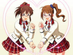  2girls bespectacled blue_eyes blue_scrunchie bow brown_hair buttoned_cuffs buttons clenched_hand collared_shirt commentary_request contrast_lapels cowboy_shot glasses gradient_background grey_sweater hair_bow heart heart_frame idolmaster idolmaster_million_live! idolmaster_million_live!_theater_days jacket lapels lielos long_hair long_sleeves looking_at_viewer multicolored_necktie multicolored_skirt multiple_girls necktie notched_lapels open_mouth over-rim_eyewear partial_commentary plaid_clothes plaid_skirt pleated_skirt ponytail red-framed_eyewear red_bow red_necktie red_skirt satake_minako school_emblem school_uniform scrunchie semi-rimless_eyewear shirt side_ponytail skirt smile striped_clothes striped_necktie sweater symmetrical_hand_pose violet_eyes wavy_hair white_shirt yellow_background yellow_jacket yokoyama_nao 