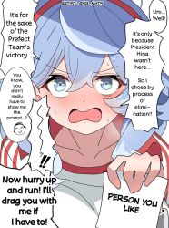  8r_m6ts blue_archive blue_eyes blue_hair blush hairband highres holding holding_paper paper red_hairband shirt speech_bubble tongue 