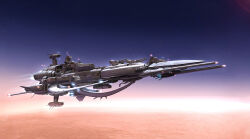  3d battlecruiser_(eve_online) beam_cannon clear_sky commentary concept_art desert energy_cannon eve_online flying from_side glowing highres horizon kungkungk military_vehicle missile_pod no_humans original radio_antenna railgun realistic science_fiction sky spacecraft spacecraft_turret star_(sky) starry_sky thrusters vehicle_focus 