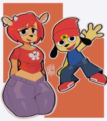  animal_ears blue_pants breasts crop_top cropped_shirt dog_boy dog_ears furry furry_female half-closed_eyes hat highres lammy_(um_jammer_lammy) medium_breasts mrweirdsketch pants parappa parappa_the_rapper red_hair red_hat red_shirt sheep_ears sheep_girl shirt short_hair thick_thighs thighs um_jammer_lammy wide_hips 