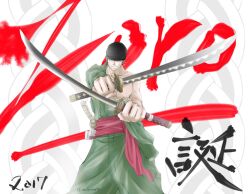  1boy 2017 aco_lovesan73 bandana black_bandana character_name commentary_request cowboy_shot earrings green_kimono haramaki highres holding holding_sword holding_weapon japanese_clothes jewelry kimono male_focus one_eye_closed one_piece roronoa_zoro sash scar scar_across_eye scar_on_face smile solo sword twitter_username weapon 