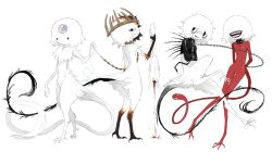  1boy 1other 2girls animal bird_legs black_collar black_eyes black_shirt black_tail blood body_fur chain closed_mouth collar colored_skin crown dead_animal ember_(jejejunum) expressionless feathers forehead_jewel full_body highres holding holding_animal holding_chain iridescent jejejunum long_tail looking_to_the_side monster_boy monster_girl multiple_girls mumble_(jejejunum) neck_fur nervous nervous_smile no_eyes no_nose open_mouth original red_skin red_tail screech_(jejejunum) secret_(jejejunum) shirt simple_background smile solid_circle_eyes spiked_collar spikes standing straitjacket tail teeth white_background white_feathers white_fur white_tail 