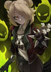  1girl blazer blonde_hair bracelet deadlock_(game) double_bun english_commentary gloves graves_(deadlock) green_background hair_bun hair_over_one_eye highres holding_limb jacket jewelry makeup medium_hair nail_polish necklace school_uniform severed_arm severed_hand severed_limb shirt skull skull_necklace solo spiked_bracelet spikes unusualpie yellow_eyes 