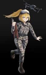  1girl 35th_marine_brigade blue_eyes body_armor boots callsign camouflage camouflage_jacket camouflage_pants commentary commission digital_camouflage english_commentary flag_patch floating_hair grin gun handgun head-mounted_display highres holding holding_gun holding_weapon jacket jashin_gopnik looking_at_viewer morale_patch open_collar original outstretched_arm pants ponytail pouch quadcopter russo-ukrainian_war smile standing standing_on_one_leg stechkin_aps tanya_degurechaff tanya_degurechaff_(sleepwalker) ukrainian_flag ukrainian_marine_corps weapon youjo_senki 
