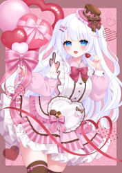  1girl :d artist_name balloon bare_shoulders black_thighhighs blue_eyes blush bow brown_ribbon buttons cake_hat clothing_cutout collar collared_dress commentary dress english_commentary frilled_dress frills hair_ornament hair_ribbon hairclip hand_up heart heart_balloon heart_button heart_print highres holding holding_heart holding_ribbon_baton layered_dress long_hair long_sleeves looking_at_viewer original pink_background pink_bow pink_theme puffy_long_sleeves puffy_sleeves red_ribbon ribbon ribbon_baton shoulder_cutout sidelocks simple_background smile solo stardrop thigh-highs tilted_headwear valentine very_long_hair white_hair zettai_ryouiki 