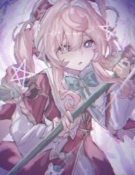  1girl alternate_eye_color aquila_(honkai:_star_rail) bow bright_pupils commentary_request dress drill_hair glitch hat heterochromia highres holding holding_staff honkai:_star_rail honkai_(series) hyacine_(honkai:_star_rail) long_sleeves mismatched_pupils nayuta_(8888_mugen) parted_lips pentagram pink_hair solo staff star_(symbol) 
