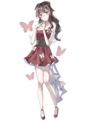  1girl :o absurdres alternate_costume bare_legs bare_shoulders black_corset black_hair bow brown_eyes buckle butterfly_ornament carin_(c_arin1012) commentary_request corset crop_top dress frilled_dress frills hair_bow hair_ribbon hakurei_reimu hand_on_own_chin head_tilt high_heels highres knees_together_feet_apart light_blush long_hair looking_at_viewer makeup mascara nail_polish off-shoulder_dress off_shoulder open_mouth red_bow red_dress red_nails red_shoes ribbon shoes short_dress sidelocks simple_background solo strap tailcoat touhou white_background white_bow white_tailcoat 