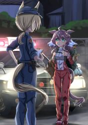  2girls ahoge animal_ears blonde_hair blue_eyes breasts brown_hair car commentary_request daring_tact_(umamusume) ears_through_headwear gym_shirt gym_uniform hair_between_eyes hair_ornament highres horse_ears horse_girl horse_tail jacket long_hair medium_breasts medium_hair motor_vehicle multiple_girls pants police police_badge police_car police_uniform policewoman rascal-teitoku red_jacket red_pants red_track_suit shirt standing star_(symbol) star_hair_ornament tail tracen_training_uniform track_jacket track_pants track_suit umamusume 