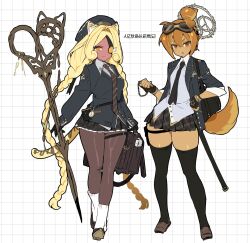  2girls :o @_@ alternate_costume alternate_hairstyle alternate_universe animal_ears ankle_socks arms_at_sides beanie black_cardigan black_gloves black_hat black_jacket black_necktie black_pantyhose black_shoes black_skirt black_thighhighs blonde_hair bracelet braid breasts brown-framed_eyewear brown_eyes brown_hair brown_necktie brown_shoes brown_tail buttons cardigan cat_ears cat_girl cat_tail chain closed_mouth collared_shirt commentary contrast_collar cookie_run cookie_run:_ovenbreak croissant_cookie crossed_ankles curly_sidelocks dark-skinned_female dark_skin diagonal-striped_clothes diagonal-striped_necktie dog_ears dog_girl dog_tail double-parted_bangs dual_persona eyepatch fingerless_gloves food-themed_hair full_body gears gloves goggles goggles_on_head grey_halo grey_shirt grid_background hair_between_eyes hair_bun hair_intakes halo hand_on_own_hip hat highres holding holding_scissors humanization jacket jewelry kemonomimi_mode korean_text lapels legs_apart loafers long_hair long_sleeves low_twin_braids lower_teeth_only medium_breasts miniskirt multicolored_hair multiple_girls necktie notched_lapels o-ring ohta_guk_hip one_eye_covered open_clothes open_jacket open_mouth orange_eyes orange_streaks oversized_object pantyhose parted_bangs pleated_skirt puffy_long_sleeves puffy_sleeves scissors shirt shoes short_hair side-by-side sidelocks simple_background single_hair_bun skirt small_breasts smile socks standing streaked_hair striped_clothes tail tareme teeth thick_thighs thigh-highs thighs three-quarter_sleeves tie_clip timekeeper_cookie translation_request tsurime twin_braids two-tone_hair v-shaped_eyebrows very_long_hair watch white_background white_socks yellow_tail zettai_ryouiki 