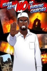  1boy angry arabic_commentary arch arson beard black_background black_eyes black_facial_hair black_hair building burning burning_building burnt church clenched_teeth collage_background collared_robe commentary conical_roof cross dark-skinned_male dark_skin day english_commentary facial_hair fire furrowed_brow gradient_text hat highres islam latin_cross looking_at_viewer male_focus nayzak_al-hilali night open_mouth original outdoors outline people photo_background real_world_location robe short_hair skullcap smoke steeple taqiyah teeth terrorism thobe tree upper_body very_dark_skin white_hat white_outline white_robe 