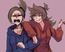  2girls animification annoyed antenna_hair arm_on_another's_shoulder arm_rest bandage_on_cheek black_eyes blue_hoodie breasts brown_hair cigar commentary_request drawstring eddsworld eyebrow_piercing face_piercing fang flipped_hair grin hair_bobbles hair_ears hair_ornament highres holding holding_cigar hollow_eyes hood hood_down hoodie long_hair long_sleeves looking_at_another medium_breasts multiple_girls open_mouth piercing pink_background rainbowmisosoup short_hair simple_background smile tamara_(eddsworld) topknot tori_(eddsworld) upper_body 