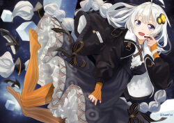  1girl :d absurdres ahoge black_jacket black_shoes blue_eyes braid chamu_(chammkue) cube dress gloves grey_dress grey_hair hair_ornament half_gloves high_heels highres jacket kizuna_akari long_hair looking_at_viewer microphone no_shoes open_clothes open_jacket open_mouth orange_gloves orange_pantyhose pantyhose petticoat revision shoes smile solo star_(symbol) striped_clothes striped_gloves striped_pantyhose three-quarter_sleeves twin_braids twitter_username unworn_shoes vertical-striped_clothes vertical-striped_gloves vertical-striped_pantyhose very_long_hair vocaloid voiceroid yellow_pupils 