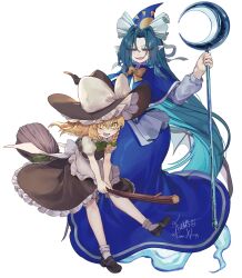  2girls apron aqua_eyes aqua_hair black_dress black_hat blonde_hair blue_capelet bow braid braided_sidelock broom broom_riding capelet commentary_request dress fangs frilled_apron frilled_dress frills full_body green_bow hair_bow hat highres kirisame_marisa kuma_xylocopa long_hair looking_at_another looking_at_viewer mima_(touhou) multiple_girls open_mouth pointy_ears puffy_short_sleeves puffy_sleeves short_sleeves signature touhou touhou_(pc-98) white_apron witch_hat yellow_bow yellow_eyes 