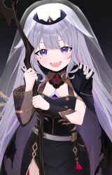  1girl :d absurdres atakisin_i black_cape black_dress cape chest_jewel commentary_request cosplay dark_background dress flat_chest grey_hair hair_flaps highres holding holding_scythe hololive jewel_under_eye koseki_bijou long_hair long_sleeves looking_at_viewer mori_calliope mori_calliope_(cosplay) scythe see-through_clothes see-through_sleeves shoulder_spikes single_sleeve smile solo spikes tiara veil violet_eyes virtual_youtuber 