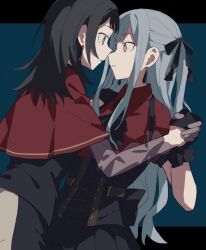  2girls ascot bang_dream! bang_dream!_it's_mygo!!!!! black_ascot black_corset black_gloves black_hair blue_eyes blue_hair capelet chinese_commentary collared_shirt commentary_request corset earrings eye_contact gloves highres jewelry long_hair looking_at_another multiple_girls oblivionis_(bang_dream!) red_capelet red_shirt shirt timoris_(bang_dream!) togawa_sakiko two_side_up xmyishipi yahata_umiri yellow_eyes yuri 