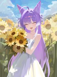  1girl :3 :d absurdres ahoge bare_shoulders blue_sky bouquet closed_eyes clouds cloudy_sky commentary cone_hair_bun cowboy_shot dress field flower flower_field hair_bun highres holding holding_bouquet multicolored_hair nbee_ya open_mouth outdoors purple_hair sky sleeveless sleeveless_dress smile stellive streaked_hair sunflower sunflower_field tenko_shibuki two-tone_hair untranslatable_commentary virtual_youtuber white_dress white_hair white_streaks 