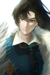  1boy black_hair blue_eyes blue_robe cheng_heguang closed_mouth commentary_request feather_boa highres kanichiwawa long_hair looking_at_viewer male_focus mole mole_on_nose ponytail reverse:1999 robe solo upper_body white_background 