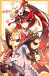  1girl animal_ears animal_on_head brown_hair carrying carrying_under_arm dog dog_ears dog_on_head fate/grand_order fate_(series) flower hair_flower hair_ornament hi_(wshw5728) highres japanese_clothes kimono kyokutei_bakin_(fate) long_hair on_head paw_print ponytail red_eyes smile twitter_username 
