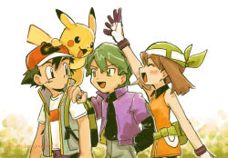  1girl 2boys :d arm_up ash_ketchum backpack bag bandana black_eyes black_gloves black_hair black_shirt blush brown_hair closed_eyes closed_mouth commentary_request dress drew_(pokemon) fanny_pack gloves green_bandana green_eyes green_hair hair_between_eyes hand_in_pocket hand_on_another's_shoulder hat highres jacket long_sleeves looking_at_another may_(pokemon) multicolored_gloves multiple_boys on_shoulder open_clothes open_jacket open_mouth orange_dress pikachu pokemon pokemon_(anime) pokemon_(creature) pokemon_journeys pokemon_on_shoulder pokemon_the_series:_diamond_and_pearl pokemon_the_series:_ruby_and_sapphire purple_jacket red_hat shirt short_hair short_sleeves sleeveless sleeveless_dress smile twitter_username two-tone_gloves umebosibakari2 white_gloves white_shirt 
