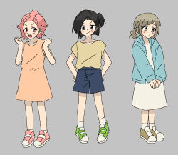  black_eyes black_hair brown_eyes brown_hair commentary_request dress etra-chan_wa_mita! highres hood hooded_jacket jacket karamano karin_(etra-chan_wa_mita!) open_clothes open_jacket orange_dress pink_eyes pink_hair shirt shorts side_ponytail tsutsuji_(etra-chan_wa_mita!) twintails white_dress yellow_shirt yuri_(etra-chan_wa_mita!) 