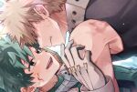  2boys bakugou_katsuki bare_shoulders black_bodysuit blonde_hair blood blood_on_face bodysuit boku_no_hero_academia clenched_teeth commentary_request face-to-face freckles gloves green_bodysuit green_eyes green_hair hand_on_another&#039;s_shoulder highres looking_at_another lying male_focus midoriya_izuku morino_(ktdk_0141) multiple_boys on_back open_mouth short_hair spiky_hair teeth white_gloves 