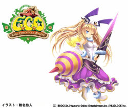  1girl antennae arthropod_girl bare_shoulders bee_girl bee_wings black_bow blue_eyes boots bow breasts company_name copyright_logo copyright_notice emil_chronicle_online fur-trimmed_boots fur-trimmed_sleeves fur_collar fur_trim hair_bow high_heels holding holding_polearm holding_weapon insect_wings lance large_breasts leotard logo long_hair official_art one_eye_closed polearm purple_skirt queenbee_alma shiina_yuuto skirt solo tiara twintails weapon white_background white_boots white_leotard white_sleeves wings yellow_wings 