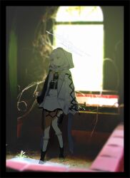  1girl arius_squad_(blue_archive) atsuko_(blue_archive) blue_archive boots braid bulletproof_vest chest_rig church gloves hair_ornament halo highres hood hooded_jacket jacket leaning_back looking_to_the_side low_twin_braids nmnm2332chan purple_hair red_eyes ruins skirt socks solo twin_braids white_halo white_hood white_jacket white_socks 