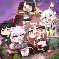  5girls absurdres animal_ears black_hair black_hoodie bone_hair_ornament brown_eyes brown_hair cat_ears cat_girl chibi commentary_request fox_ears fox_girl fox_tail hair_ornament highres hiro_(phese) hololive hood hood_up hoodie inugami_korone inugami_korone_(viking) multiple_girls nekomata_okayu nekomata_okayu_(1st_costume) official_alternate_costume ookami_mio ookami_mio_(another_ookami_mio) oozora_subaru oozora_subaru_(suspenders) pants purple_hair shirakami_fubuki shirakami_fubuki_(1st_costume) smok_(hololive) tail violet_eyes virtual_youtuber white_hair white_hoodie white_pants wolf_hood 