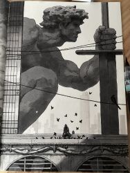  2boys absurdres art_tools_in_frame building cable cityscape coat fedora flock giant hat haze highres holding holding_sword holding_weapon huge_weapon industrial kneeling luan_tie male_focus multiple_boys muscular muscular_male original sitting size_difference skyscraper sword traditional_media veins veiny_arms weapon 