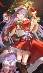  1girl absurdres animal_hood antlers arm_ribbon bell belt blue_choker blue_eyes blurry blurry_background boots bow brown_boots capelet chibi choker christmas christmas_tree cleavage_cutout clothing_cutout commentary detached_sleeves dress embroidered_dress english_commentary fate/grand_order fate_(series) flat_chest fur-trimmed_boots fur-trimmed_capelet fur-trimmed_sleeves fur_trim hair_spread_out hat highres hood horns jiajiayu knee_boots long_hair looking_at_object meltryllis_(fate) neck_bell original outstretched_arms pleated_dress pom_pom_(clothes) pom_pom_footwear purple_hair reaching red_bow red_capelet red_dress red_sleeves reindeer_antlers reindeer_hood ribbon santa_costume santa_dress santa_hat single_sidelock sky snowman_on_head solo_focus spread_arms standing star_(sky) star_ornament starry_sky stuffed_toy tree two-tone_dress white_dress 