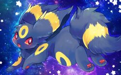  :3 animal_focus claws commentary_request fluffy fluffy_tail full_body light_blush looking_at_viewer no_humans open_mouth pokemon pokemon_(creature) pokemon_focus red_eyes running smile solo star_(sky) star_(symbol) starry_sky_background suppainu umbreon 