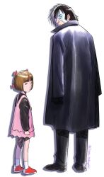  1boy 1girl black_eyes black_jack_(character) black_jack_(series) black_jacket black_pants black_shirt black_shoes brown_eyes brown_hair child closed_mouth commentary dress from_behind full_body highres jacket jinou_rakugaki looking_at_viewer looking_back multicolored_hair pants pinafore_dress pink_dress pinoko pluto_(manga) red_shoes shirt shoes short_hair simple_background sleeveless sleeveless_dress socks standing stitched_face stitches two-tone_hair white_background white_hair white_socks 