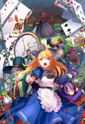  2girls 4boys alice's_adventures_in_wonderland alice_(alice_in_wonderland) apron black_bow black_hair blonde_hair blue_dress bow card chain cheshire_cat_(alice_in_wonderland) dodo_(bird) dress enomaru_saku flower green_hat green_hoodie grey_hair hair_between_eyes hair_bow hat holding holding_scythe hood hoodie humanization juliet_sleeves long_sleeves looking_at_viewer mad_hatter_(alice_in_wonderland) multicolored_hair multiple_boys multiple_girls open_mouth pink_hair playing_card puffy_short_sleeves puffy_sleeves red_flower red_rose rose scythe short_sleeves standing teeth tongue top_hat two-tone_hair upper_teeth_only white_apron white_rabbit_(alice_in_wonderland) 
