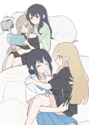  +_+ 2girls absurdres arms_around_neck black_shirt blue_skirt cho_kaguya-hime! closed_eyes commentary dated green_eyes hair_bun hamu_(hamusand) hand_on_another's_face highres holding holding_tablet_pc kaguya_(cho_kaguya-hime!) long_hair mole mole_under_eye multiple_girls open_mouth parted_lips pink_shorts pleated_skirt purple_hair red_eyes runami_yachiyo sakayori_iroha school_uniform serafuku shirt shorts sitting sitting_on_lap sitting_on_person skirt smile sweatdrop tablet_pc translation_request twitter_username untranslatable_commentary white_hair white_shirt yuri 
