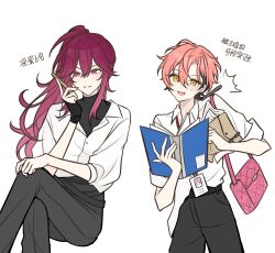  2boys bag belt black_belt black_gloves black_pants brown_hair cellphone chinese_text cradling_phone crossed_legs ear_piercing earrings ensemble_stars! fingerless_gloves fingernails gloves gradient_hair highres holding holding_notebook holding_paper holding_phone id_card invisible_chair jewelry kuon_mashu lanyard light_blush long_fingernails madoka_nozomi male_focus multicolored_hair multiple_belts multiple_boys multitasking notebook open_mouth pants paper parted_lips phone piercing pink_bag pink_hair pink_nails ponytail shirt shirt_partially_tucked_in shoulder_bag simple_background single_glove sitting small_sweatdrop smartphone smile talking_on_phone translation_request turtleneck two-tone_hair undershirt violet_eyes white_background white_shirt yellow_eyes yuzu_1122z 
