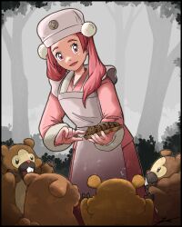  1girl alternate_color apron asymmetrical_hair bidoof chocolate_chip_cookie clubmape cookie dappled_sunlight doctor dress feet_out_of_frame food forest full_body hair_bobbles hair_ornament hair_rings hat highres holding holding_cookie holding_food holding_tray long_hair long_sleeves nature nurse open_mouth outdoors pesselle_(pokemon) pink_dress pink_eyes pink_hair pokemon pokemon_(creature) pokemon_legends:_arceus reaching shiny_pokemon side_ponytail smile solo_focus sunlight tray white_apron white_hat 