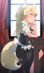  1girl absurdres animal_ear_fluff animal_ears apron bangs black_skirt black_vest blonde_hair blurry blurry_background blush bow braid chair closed_eyes closed_mouth commentary_request cookie_(touhou) curtains feet_out_of_frame flat_chest fox_ears fox_girl fox_tail frilled_apron frills hair_between_eyes hair_bow highres indoors kemonomimi_mode kirisame_marisa kurotsuki_hiiragi long_hair red_bow shirt side_braid single_braid sitting skirt smile solo star_(symbol) suzu_(cookie) table tail touhou vest waist_apron white_apron white_shirt window 