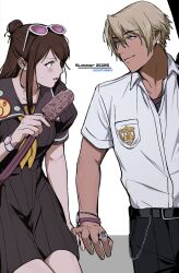  >_< 1boy 1girl 2025 :i :o ace_attorney adzuki_bean aged_down amikoiiko apollo_justice:_ace_attorney bag belt belt_buckle black_belt black_wrist_cuffs blonde_hair blush breast_pocket brown_hair brown_serafuku buckle buttons closed_mouth collarbone collared_shirt copyright_name cowboy_shot dark-skinned_male dark_skin dress earrings ema_skye english_text eyewear_on_head fingernails food green_eyes grey_eyes half_updo highres holding holding_food holding_popsicle index_ring initial jewelry klavier_gavin leaning_back light_smile long_hair looking_at_another mismatched_eyebrows multiple_wristbands neckerchief official_alternate_hairstyle open_collar pants pink-tinted_eyewear pink_lips pink_nails pink_wrist_cuffs pleated_dress pleated_pants pocket popsicle puffy_short_sleeves puffy_sleeves purple_shirt school_uniform serafuku shirt short_hair short_sleeves shoulder_bag simple_background sitting striped_wristband summer summer_uniform sunglasses sweat tinted_eyewear two-tone_wristband undershirt wallet_chain watch watch weighing_scale white-framed_eyewear white_background white_shirt white_wrist_cuffs wrist_cuffs wristband yellow_neckerchief 