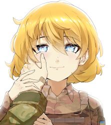  1girl absurdres bandaid bandaid_on_hand blonde_hair blue_eyes body_armor camouflage camouflage_jacket closed_mouth commission commissioner_upload fluffy_hair hair_between_eyes hand_on_another's_cheek hand_on_another's_face highres jacket kenneth_del_duca long_sleeves looking_at_viewer military non-web_source open_collar optaku original portrait pov pov_hands russo-ukrainian_war shiny_eyes simple_background smile solo tanya_degurechaff tanya_degurechaff_(sleepwalker) ukrainian_flag white_background youjo_senki 