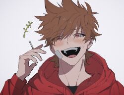  +++ 1boy :d animification antenna_hair bad_id bad_twitter_id bandage_on_cheek black_shirt blush bonudun brown_hair cigarette commentary_request drawstring eddsworld film_grain flipped_hair hair_behind_ear hair_ears holding holding_cigarette hood hood_down hoodie laughing long_sleeves male_focus open_mouth portrait red_eyes red_hoodie shirt short_hair simple_background smile solo sweat tord_(eddsworld) watermark white_background 
