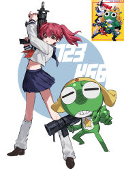 1girl absurdres ciellu_lv colored_skin green_skin gun highres hinata_natsumi holding holding_gun holding_weapon keroro keroro_gunsou pointing pointing_at_viewer red_eyes red_hair school_uniform shoe_soles tagme twintails weapon 