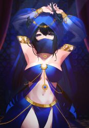  1girl arabian_clothes asymmetrical_horns black_hair black_horns blue_gem blue_hair body_chain breasts colored_inner_hair commentary demon_horns gem harem_outfit harem_pants head_chain highres hololive hololive_english horns jewelry large_breasts long_hair looking_at_viewer mole mole_under_eye mouth_veil multicolored_hair nerissa_ravencroft pants red_eyes solo two-tone_hair uneven_horns veil virtual_youtuber yakuyaku 